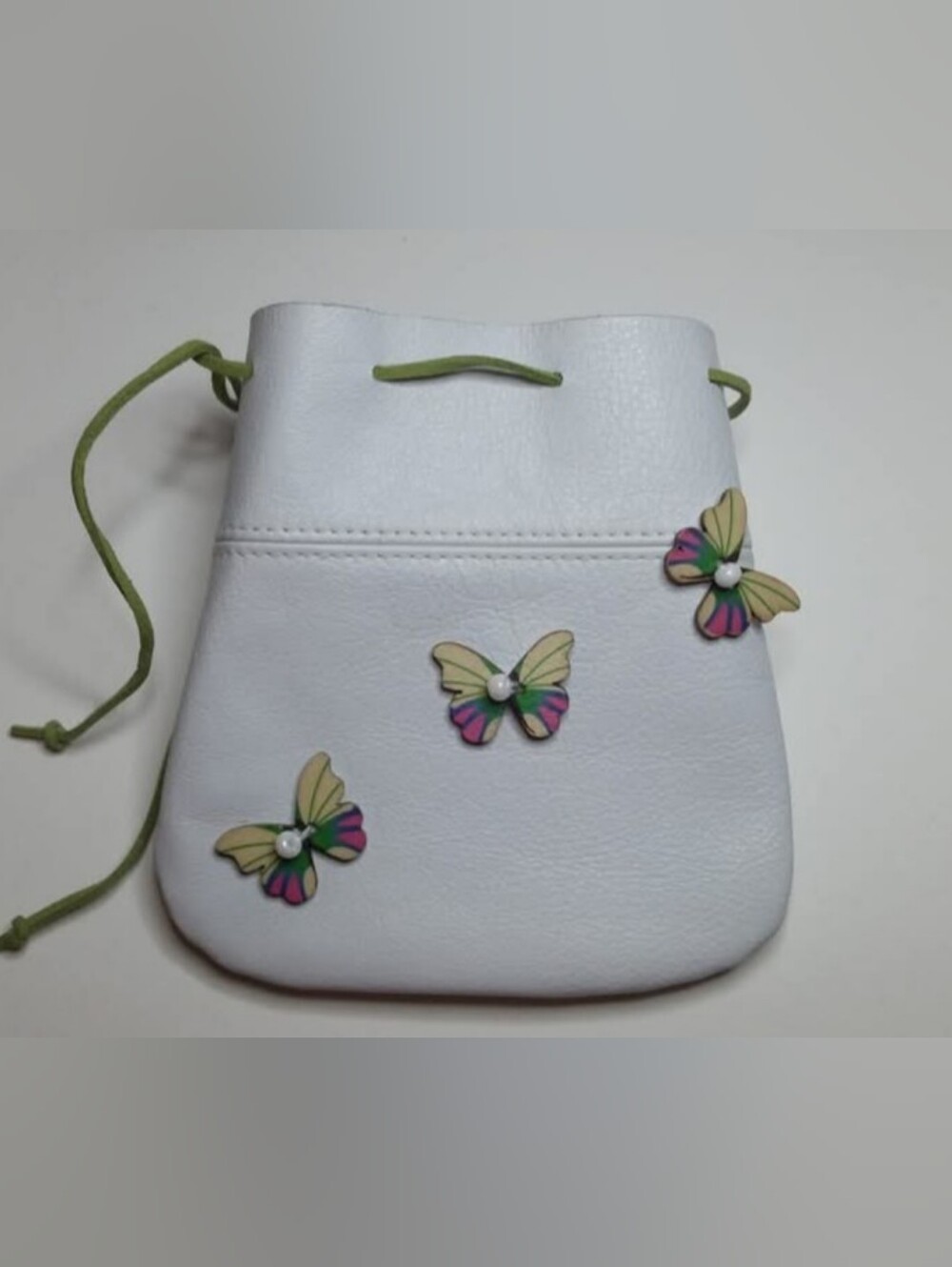 White Leather Butterfly Buttons - Green Drawstring Trinket Pouch